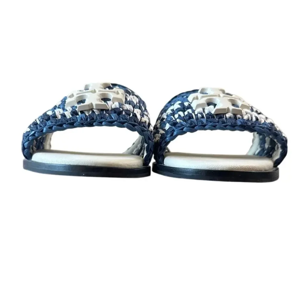 Tory Burch Everly Crochet Raffia Slide Denim Blue White 7